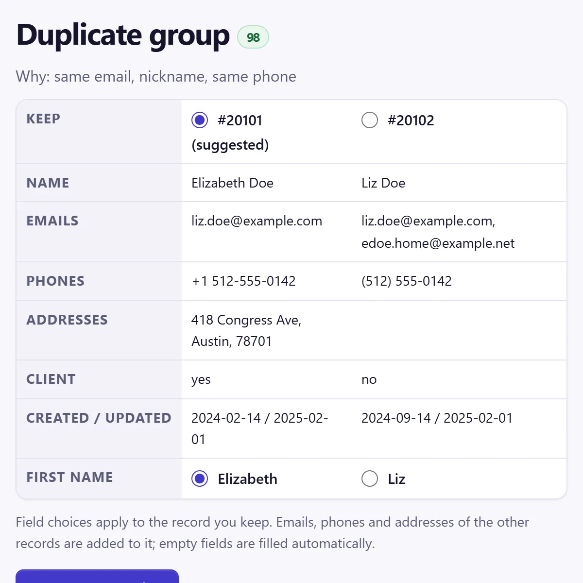 Duplicate group in the app: two contact records side by side with the match reasons, the suggested record to keep and the field choices.